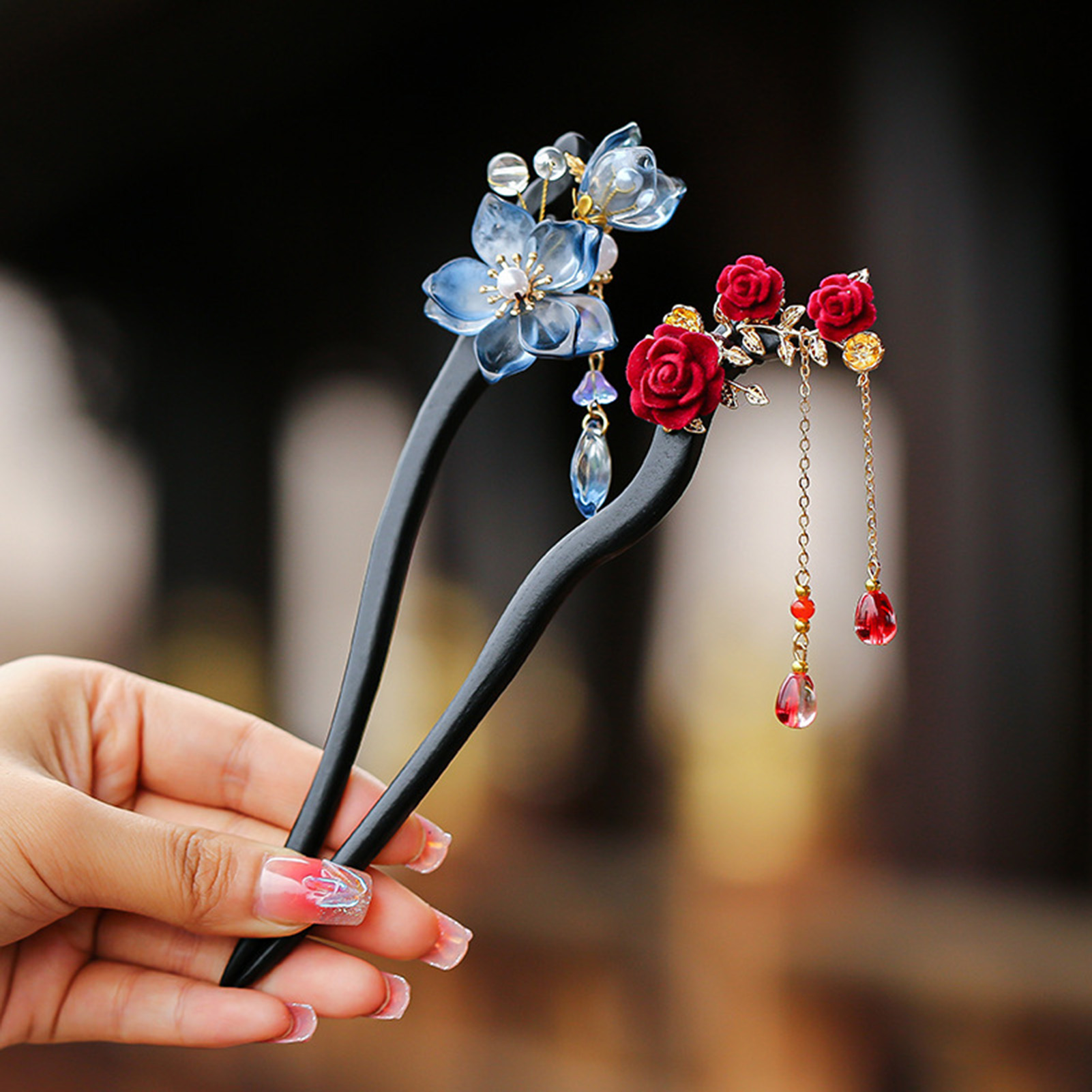 Women Accessories Shop - 중국 스타일 꽃 태슬 머리핀 빈티지