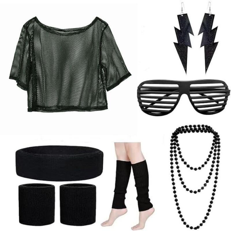 80년대 히피 디스코 의상 세트 네온 메쉬 크롭 탑 레 - Women Accessories Kit 리뷰 및 가격